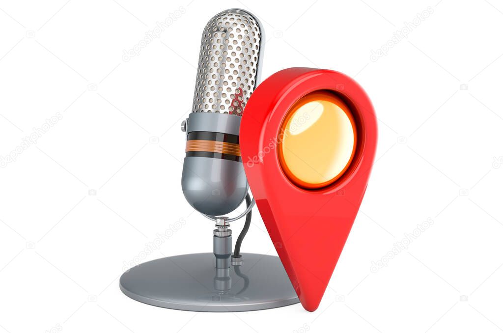 Microphone with map pointer, toaster. 3D rendering isolated on white background 