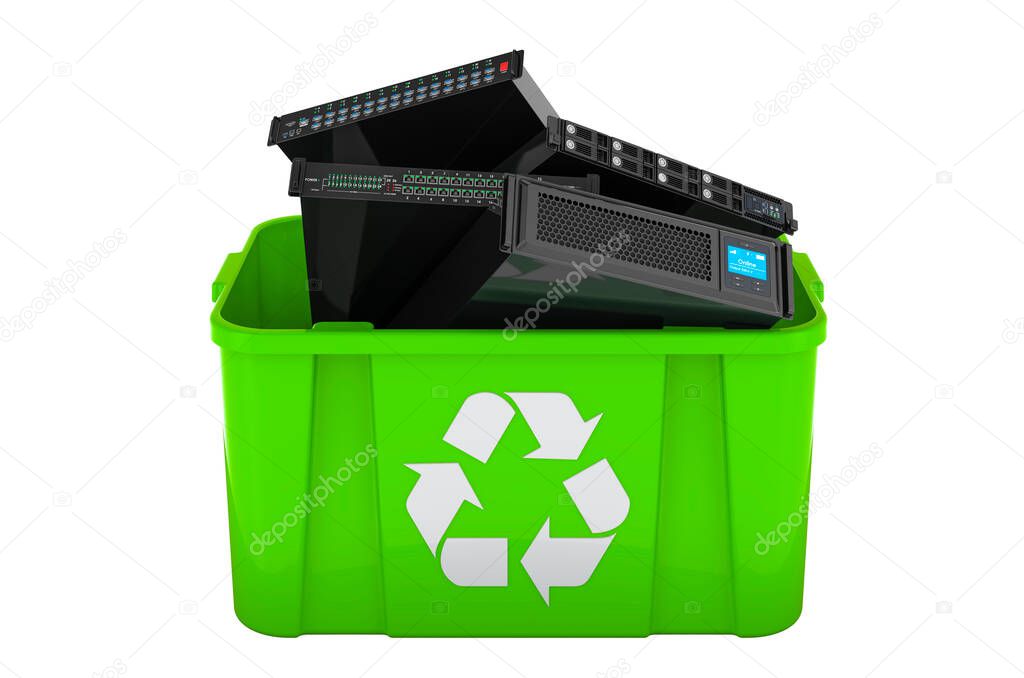 Recycling trash can with server equipment. 3D rendering isolated on white background