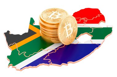 Güney Afrika 'da Bitcoin şifreli para birimi, beyaz arkaplanda 3 boyutlu görüntüleme