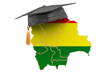 Bolivya konsepti eğitimi. Mezuniyet şapkalı Bolivya haritası, beyaz arkaplanda 3 boyutlu görüntüleme