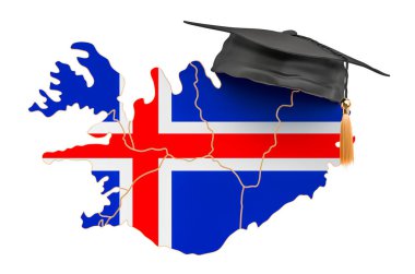 İzlanda konsepti eğitimi. Mezuniyet şapkası olan İzlanda haritası, beyaz arkaplanda 3 boyutlu görüntüleme