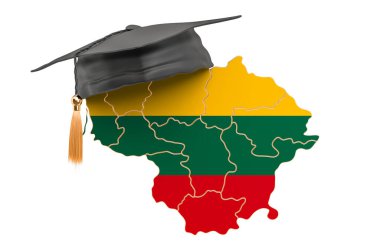 Litvanya eğitimi konsepti. Mezuniyet şapkası olan Litvanya haritası, beyaz arkaplanda 3 boyutlu görüntüleme