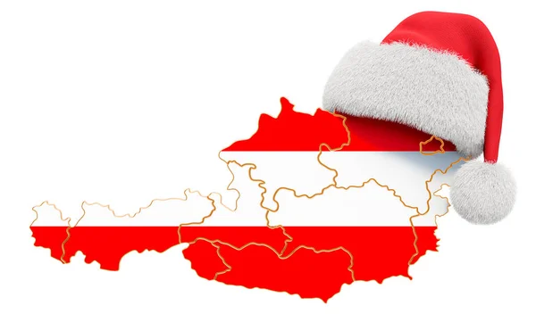 奥地利地图 红色圣诞老人帽 新年和圣诞假期的概念 3D渲染隔离的白色背景 — 图库照片