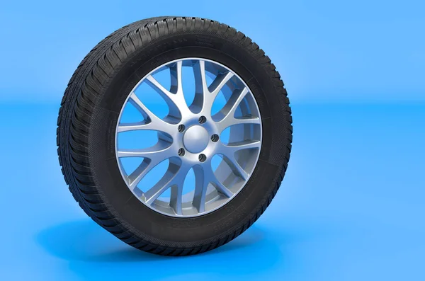 青の背景に車のホイール 3Dレンダリング — ストック写真