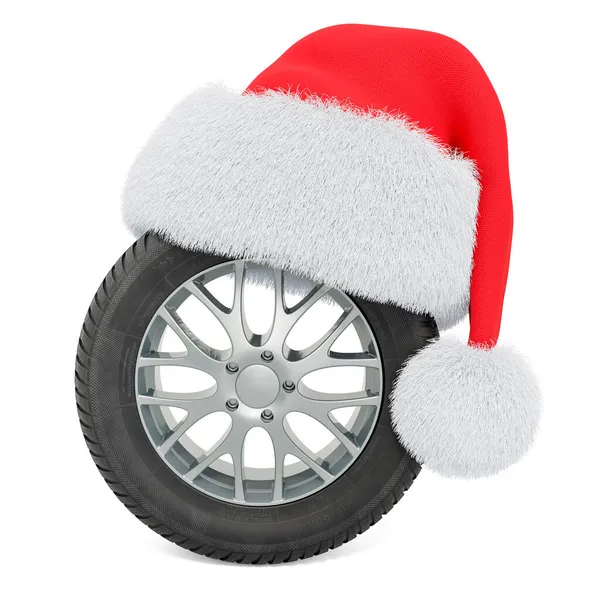 Noel Baba 'nın kırmızı Noel şapkalı araba tekerleği. Beyaz arkaplanda 3B görüntüleme izole edildi