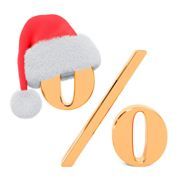 Рождественская распродажа и скидка концепции. Процент в рождественской шляпе Санта Клауса. 3D рендеринг изолирован на белом фоне