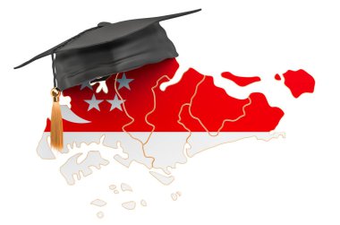 Singapur eğitimi konsepti. Mezuniyet şapkası olan Singapur haritası, beyaz arkaplanda 3 boyutlu görüntüleme