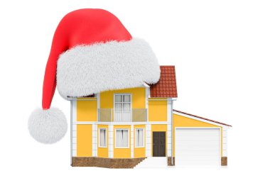 Noel Baba 'nın kırmızı şapkasıyla evde, beyaz arka planda 3 boyutlu görüntüler var.