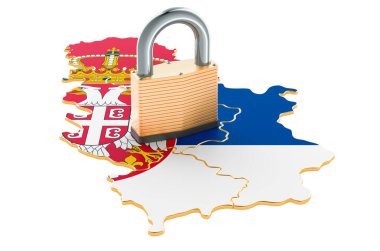 Sırbistan 'da tecrit. Haritalı asma kilit, sınır koruma kavramı. Beyaz arkaplanda 3B görüntüleme izole edildi