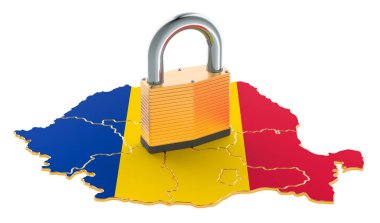 Romanya 'da tecrit. Haritalı asma kilit, sınır koruma kavramı. Beyaz arkaplanda 3B görüntüleme izole edildi