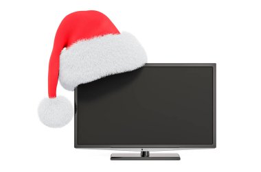 Noel Baba Noel şapkalı modern TV seti. Beyaz arkaplanda 3B görüntüleme izole edildi