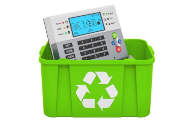 Güvenlik alarm sistemi olan çöp kutusunun geri dönüşümü, beyaz arkaplanda 3 boyutlu görüntüleme