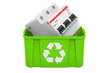 Üç direkli minyatür devre kesicili çöp kutusu geri dönüşümü, beyaz arkaplanda 3 boyutlu görüntüleme