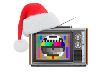 Noel Baba Noel şapkalı Retro TV seti. Beyaz arkaplanda 3B görüntüleme izole edildi