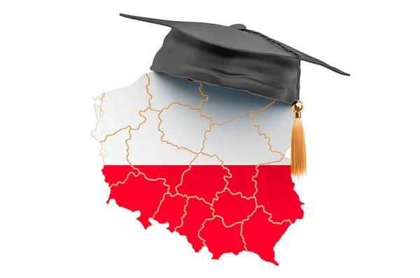 Education Poland Concept Polish Map Graduate Cap Rendering Isolated White — Stock Photo, Image