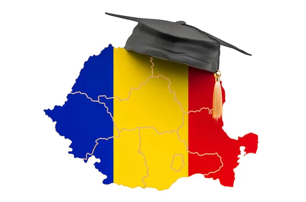 Education Romania Concept Romanian Map Graduate Cap Rendering Isolated White — Stock Photo, Image