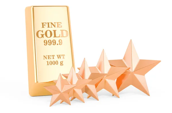 Goldbarren Mit Fünf Goldenen Sternen Rendering Isoliert Auf Weißem Hintergrund — Stockfoto