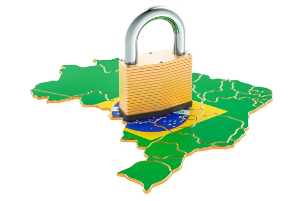 ブラジルでロックダウン 南京錠地図 国境保護の概念 白い背景に隔離された3Dレンダリング — ストック写真