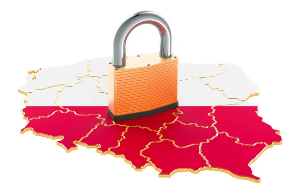 Lezárás Lengyelországban Lakat Térképpel Határvédelmi Koncepció Renderelés Elszigetelt Fehér Háttér — Stock Fotó