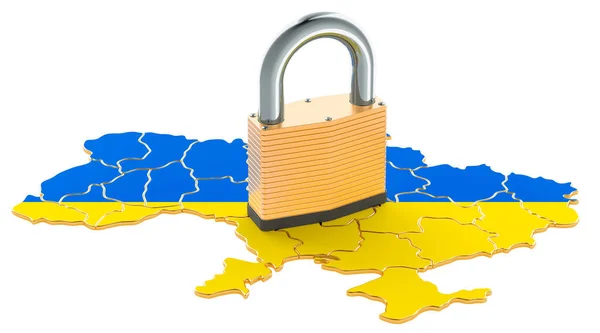 Lockdown Ukraine Padlock Map Border Protection Concept Rendering Isolated White — Stock Photo, Image