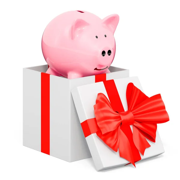 Piggy Bank Gift Box Present Concept Rendering Isolated White Background — Stock Photo, Image