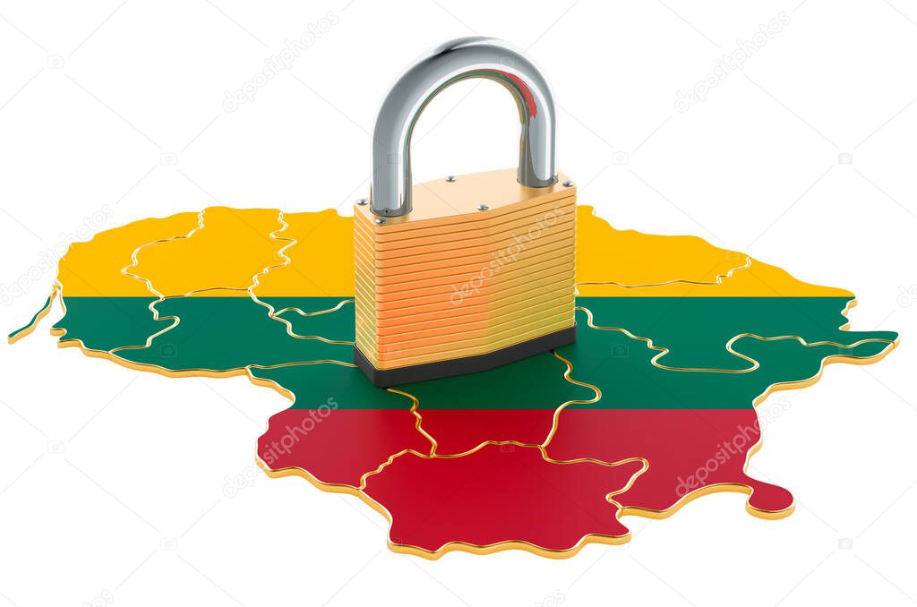 Lockdown in Lithuania. Padlock with map, border protection concept. 3D rendering isolated on white background