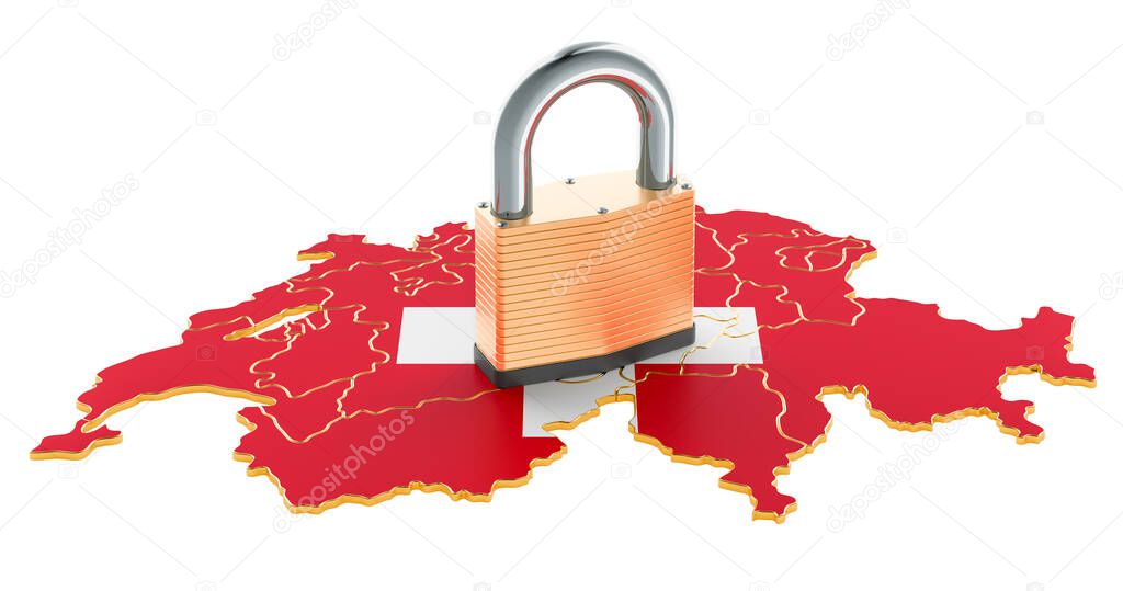 Lockdown in Switzerland. Padlock with map, border protection concept. 3D rendering isolated on white background