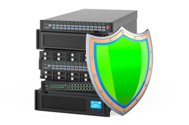 Kalkanlı sunucu ekipmanı, beyaz arkaplanda 3 boyutlu görüntüleme