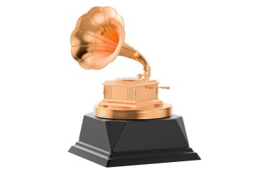 Altın gramofon. Müzik ödülü konsepti, 3 boyutlu görüntüleme beyaz arkaplanda izole edildi
