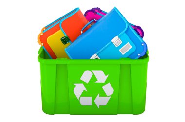 Çöp tenekesini okul çantalarıyla geri dönüştürüyorum. Beyaz arkaplanda 3B görüntüleme izole edildi