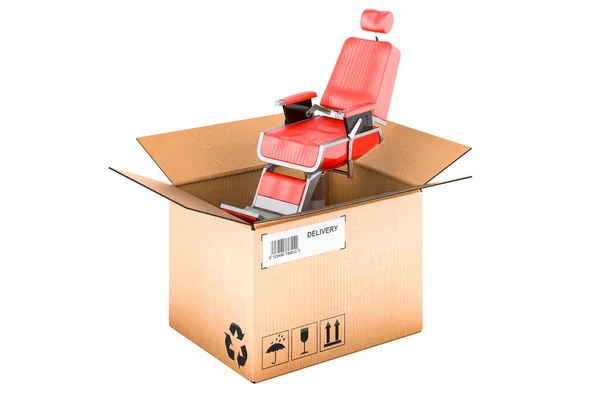 纸板箱内的理发椅 送货概念 在白色背景上孤立的3D渲染 — 图库照片