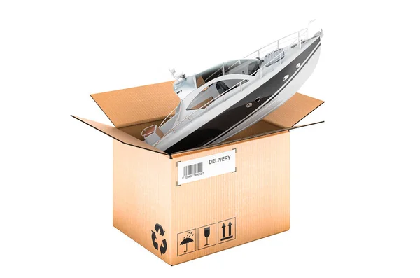 摩托艇内的纸板箱 送货的概念 在白色背景上孤立的3D渲染 — 图库照片