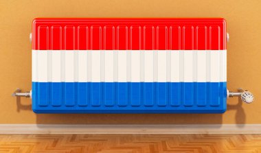 Duvarında Lüksemburg bayrağı olan ısıtma radyatörü. Lüksemburg 'da ısıtma, konsept. 3B görüntüleme