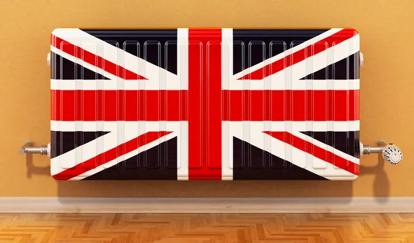 Värmeelement Med Brittisk Flagga Väggen Uppvärmning Storbritannien Koncept Rendering — Stockfoto