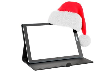 Noel Baba şapkalı tablet bilgisayar. Beyaz arkaplanda 3B görüntüleme izole edildi