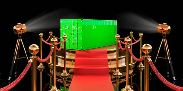 讲台上的货物集装箱 3D渲染隔离的黑色背景 — 图库照片