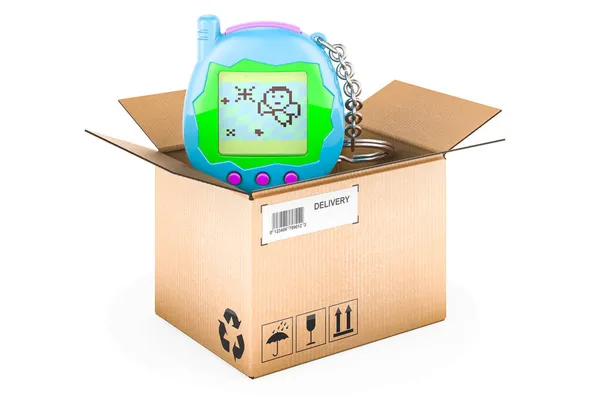 デジタルペット 段ボール箱の中の電子ゲーム 配信コンセプト 白い背景に隔離された3Dレンダリング — ストック写真
