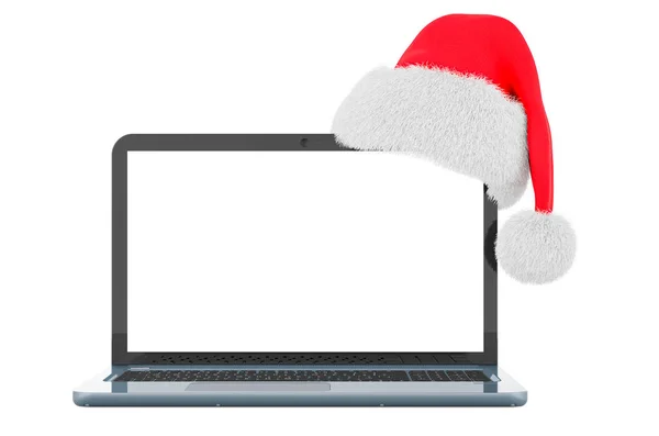 Ноутбук Різдвяним Капелюхом Санта Візуалізація Ізольована Білому Тлі — стокове фото