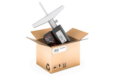 Karton kutunun içindeki dijital derinlik mikrometre, teslimat konsepti. Beyaz arkaplanda 3B görüntüleme izole edildi