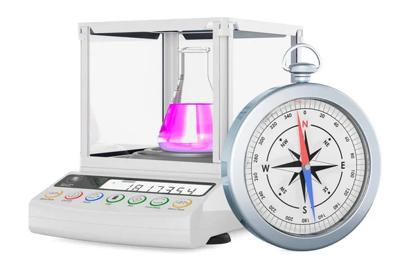 Analytická Bilance Digitální Laboratorní Stupnice Kompasem Vykreslování Izolované Bílém Pozadí — Stock fotografie