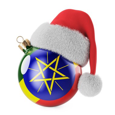 Etiyopya bayrağı ve Noel Baba şapkasıyla Noel balosu. Etiyopya 'da Noel ve Yeni Yıl kavramı. Beyaz arkaplanda 3B görüntüleme izole edildi