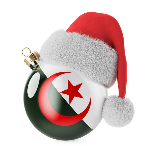 アルジェリア国旗とサンタクロースの帽子を持つクリスマスボール アルジェリアのクリスマスと新年のコンセプト 白い背景に隔離された3Dレンダリング — ストック写真