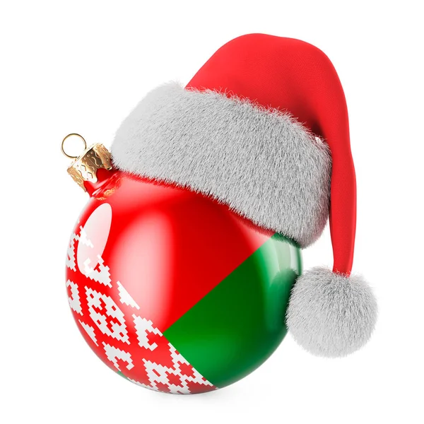 ベラルーシの旗とサンタクロースの帽子を持つクリスマスボール ベラルーシのクリスマスと新年 コンセプト 白い背景に隔離された3Dレンダリング — ストック写真