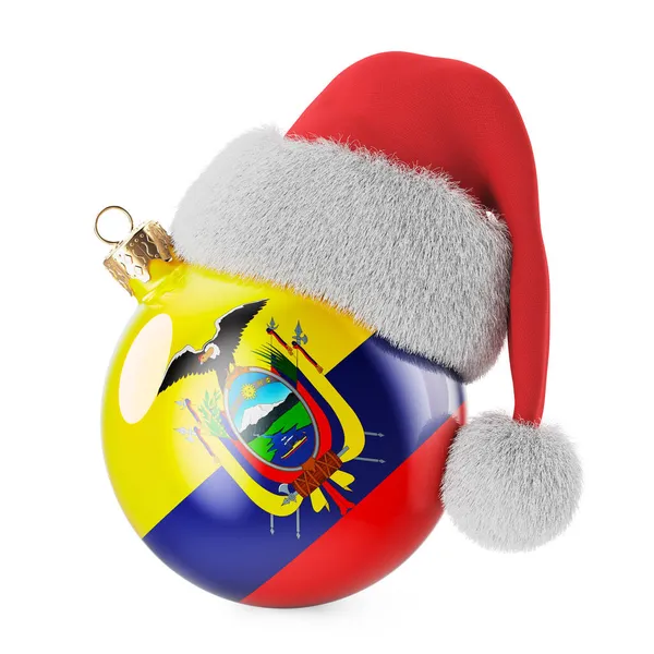 エクアドルの旗とサンタクロースの帽子とクリスマスボール エクアドルのクリスマスと新年のコンセプト 白い背景に隔離された3Dレンダリング — ストック写真