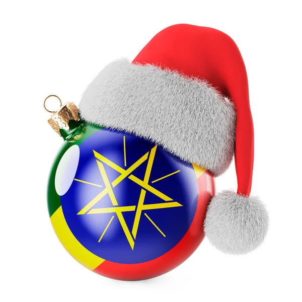 エチオピアの旗とサンタクロースの帽子とクリスマスボール エチオピアのクリスマスと新年のコンセプト 白い背景に隔離された3Dレンダリング — ストック写真