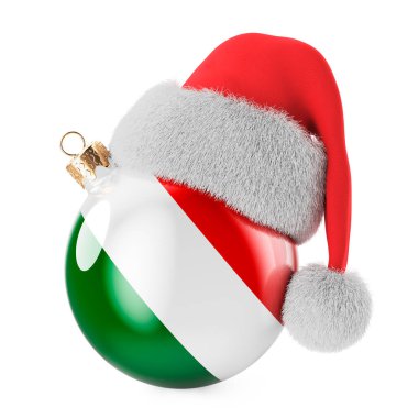 İtalyan bayrağı ve Noel Baba şapkasıyla Noel balosu. İtalya 'da Noel ve yeni yıl kavramı. Beyaz arkaplanda 3B görüntüleme izole edildi