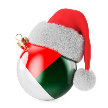 Madagaskar bayrağı ve Noel Baba şapkasıyla Noel balosu. Madagaskar 'da Noel ve Yeni Yıl kavramı. Beyaz arkaplanda 3B görüntüleme izole edildi