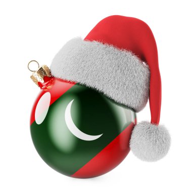 Noel balosu, Maldivya bayrağı ve Noel Baba şapkası. Maldivler 'de Noel ve Yeni Yıl konsepti. Beyaz arkaplanda 3B görüntüleme izole edildi