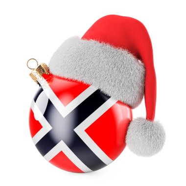 Norveç bayrağı ve Noel Baba şapkasıyla Noel balosu. Norveç 'te Noel ve Yeni Yıl kavramı. Beyaz arkaplanda 3B görüntüleme izole edildi