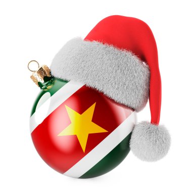 Surinam bayrağı ve Noel Baba şapkasıyla Noel balosu. Surinam 'da Noel ve Yeni Yıl konsepti. Beyaz arkaplanda 3B görüntüleme izole edildi